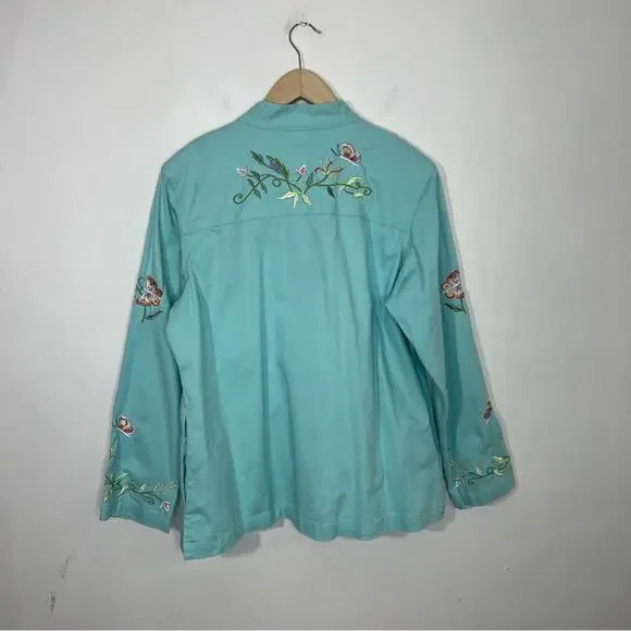 Quacker Factory Embroidered Mandarin Collar Stretch Jacket Turquoise Aqua Size M - Picture 2 of 14